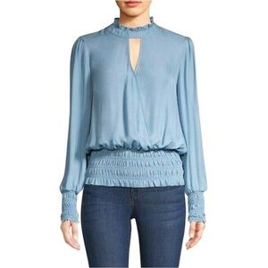 Parker Sammi Pale Blue Silk Long Sleeve Blouse Smocked High Neck Size Small